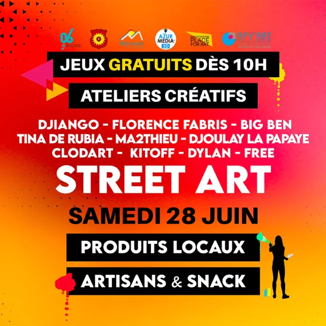 Détails sur Place4art.com et Massoins.fr
SAMEDI 28 JUIN DE 10H00 À 18H00

Performances en Live Painting et ateliers gratuits

Artistes : DJIANGO, DJOULAŸ LAPAPAŸE, FLORENCE FABRIS, FREE, TINA DE RUBIA, MA2THIEU, BIG BEN, DYLAN HAOND, KITOFF, CLODART

Marché artisanale et gourmand du terroir avec les exposants
Exposition d’artistes locaux sur la place
Structure gonflable géante pour les moins de 12 ans (gratuit)
Ateliers créatifs sous le chapiteau sur le parking (gratuits)
Visite de l’église et du village (point d’accueil sur la place, gratuit)
Concert de Harpe de Ileana et son groupe dans l’église

#OU MANGER ?
A la Buona Mangiuca le Bar Restaurant de Massoins (réservation au 06 86 61 19 52, https://g.co/kgs/AhTBiQX)
Ainsi qu’un snack niçois et traditionnel à petit prix sur la place
Parking gratuit – Pique-nique autorisé

🔺️IMPORTANT:
En venant de Nice, sur la 6202, ne pas tourner directement à droite pour prendre le pont en direction de Massoins, mais continuer sur la 6202 jusqu’à l’aire de retournement, puis prendre le pont dans ce sens. 

✅️Programme complet et horaires sur :

https://place4art.com/ et https://www.massoins.fr/
Lieu : A Massoins (06710) (à côté de Villars-sur-Var)
Alpes Maritimes, à 30 min de Carros, 45 min de Nice et Cagnes sur Mer.
 GPS: 43.942551, 7.125606
￼ Arrêt de train Chemins de fer de Provence :
Malaussène / Massoins détails https://www.cpzou.fr
(à 30 min à pieds du Festival/Village)
______________
HORAIRES DE LA NAVETTE BUS ZOU GRATUITE :
LE SAMEDI 28 JUIN 2025
2 ramassages le matin :
1 départ de Plan du Var Gare à 9h25
1 départ de Malaussène Gare à 10h40

L’après-midi :
1 départ du village à 15h45 pour Plan du Var

Pensez à vérifier les horaires le jour même, détails de l'évènement sur Massoins.fr
______________
Nous comptons sur votre présence en nombre, pour faire de cet événement une réussite !
--
#massoinsfestival #CotedAzurFrance #massoins #place4art #festival Voir moins 

Voir moins