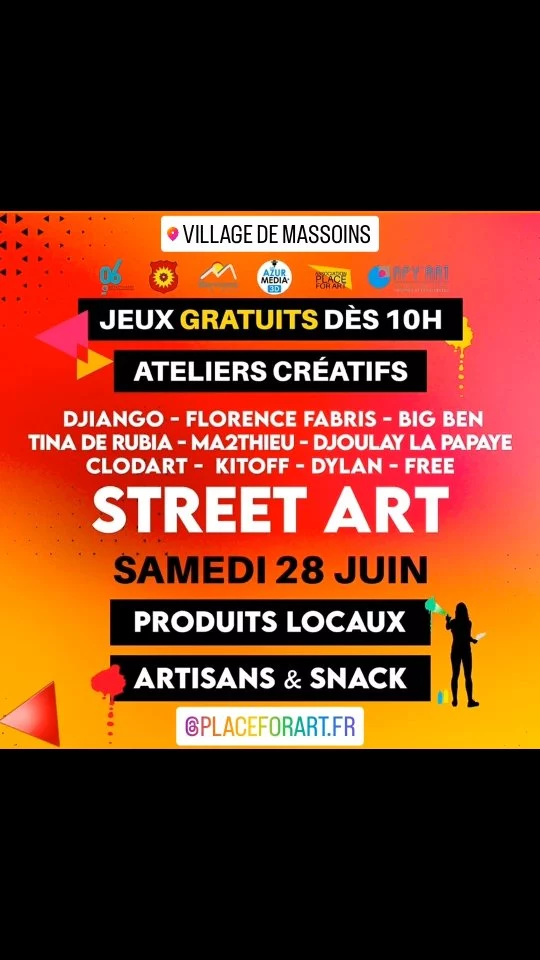 Chère Madame la Maire, Marie‑Laure Tisserand,
Chère Madame la Première Adjointe, Sylvie Colombon,

Un immense merci pour votre soutien indéfectible et votre confiance à l’occasion du 4ᵉ Festival d’Art et Street-Art de Massoins, qui s’est tenu ce samedi 28 juin 2025. Grâce à votre implication, votre vision et votre dynamisme, cette journée a pris des couleurs exceptionnelles, mêlant création, convivialité et émotions dans votre si beau village, coeur du département.

Un grand bravo également à tous les artistes présents – !@djiango_artist  @djoulaylapapaye @florencefabris.fr @bigbencasinoroyal @tinaderubia @haonddylan @kitoff @clodartcreation @f.r.e.e.e.e.e.e.e @m_a2thieu @tracemat06 ainsi qu’à ceux qui se sont joints à nous au fil de la journée, apportant eux aussi leur talent et leur énergie à cette belle fête artistique.

Un immense merci à Alexandra Borchio Fontimp, sénatrice et marraine du festival, ainsi qu’à Yves et Romain Bermont, nos parrains, pour leurs précieux soutiens et leurs engagements fidèles auprès de l’association Place for Art et de la commune. Un grand MERCI.

Nous remercions chaleureusement nos partenaires :

La commune de Massoins, le Département des Alpes-Maritimes, la société Apy’Art pour leurs peintures d'une qualité exceptionnelle, ainsi que toutes celles et ceux qui ont contribué à faire rayonner cette édition 2025.

Enfin, bravo à toutes et tous – artisan·e·s, exposants, bénévoles, photographe, familles et public – pour votre belle énergie et votre participation enthousiaste. Vous avez fait de cette journée un moment fort de partage, de créativité et de générosité ainsique de bienveillance.

Rendez-vous l’an prochain pour vivre d'autres aventures..

#artists #streetartfestival #placeforart #apy'art #goodvibes #massoins #arturbain #departement06